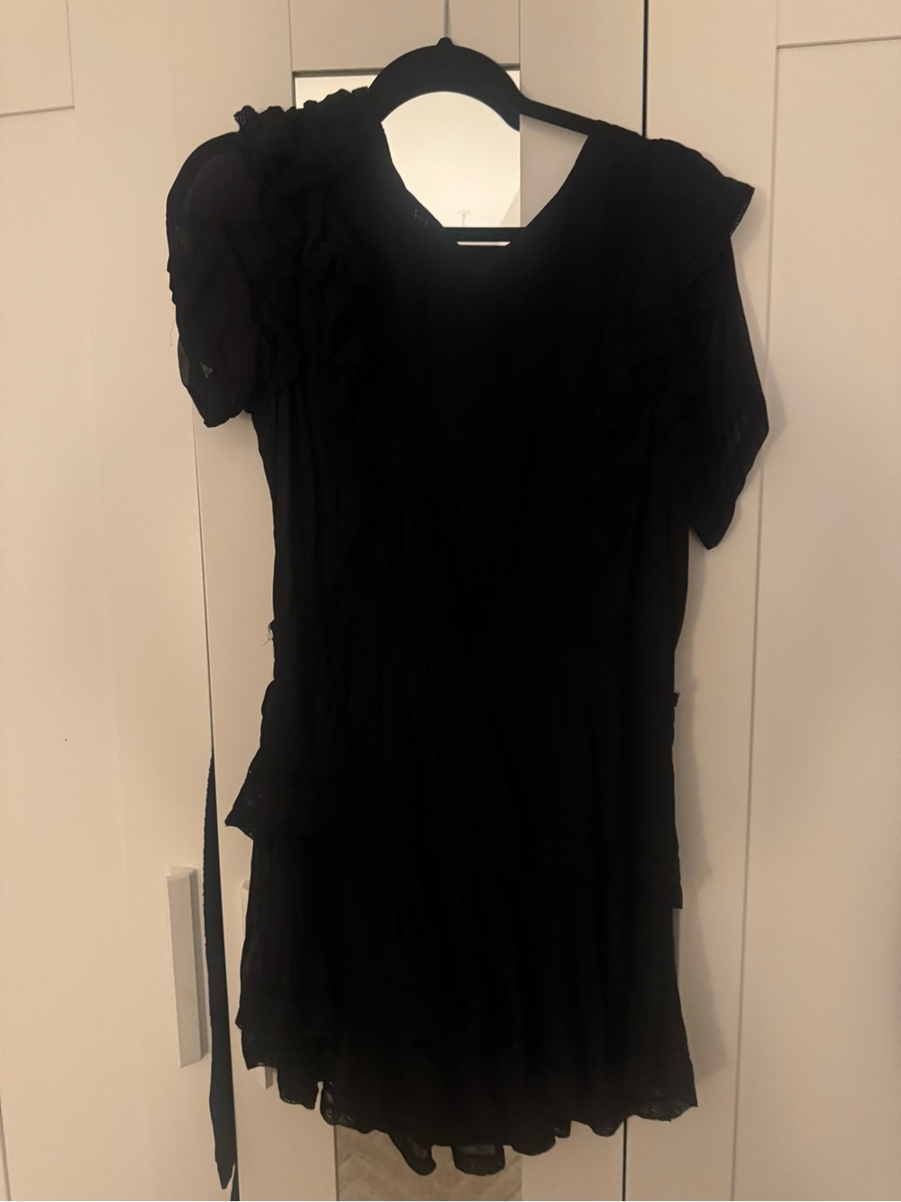 LoveShackFancy Black Lace-Trim Short Dress with Puff Sleeves
